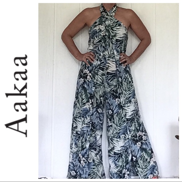 Aakaa Pants Jumpsuits Aakaa Tropical Print Halter Jumpsuit